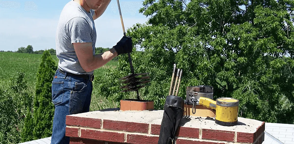 Chimney cleaning technician working on a rooftop chimney with professional tools in Jackson, MS