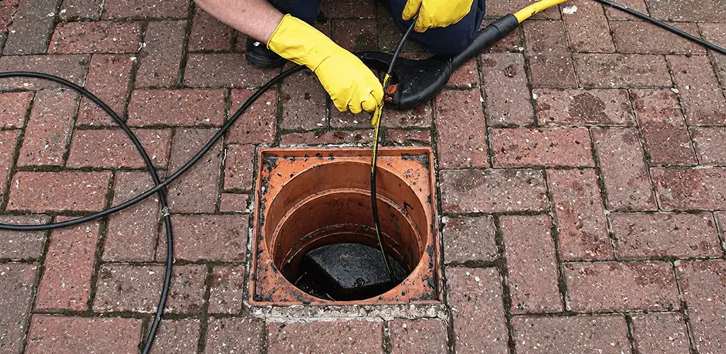 Drain cleaning technician using a drain snake to clear a clogged drain in Jackson, MS