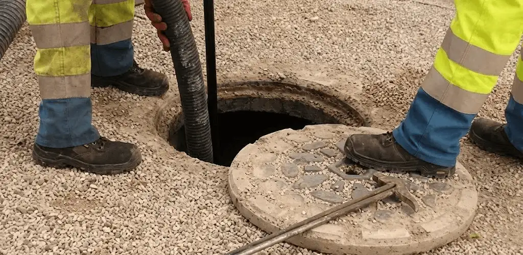 Drain cleaning crew clearing a sewer access point with professional equipment in Jackson, MS