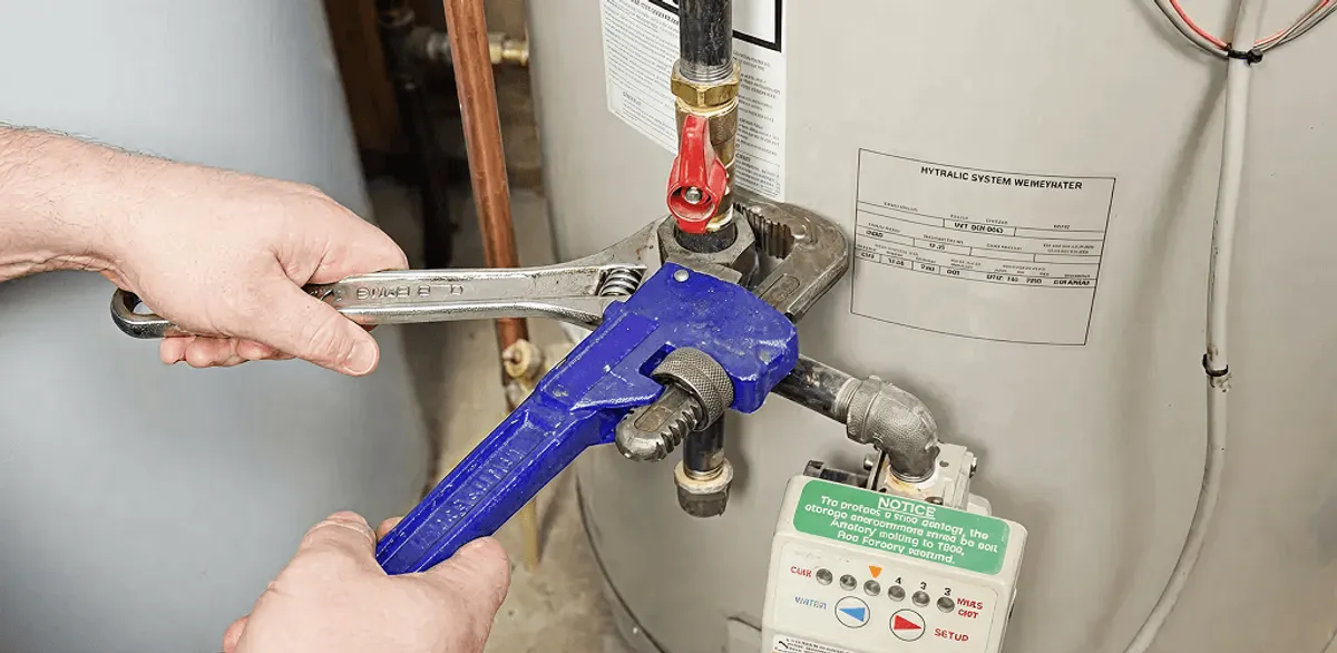 Water heater repair technician tightening the shutoff valve and supply line in Jackson, MS